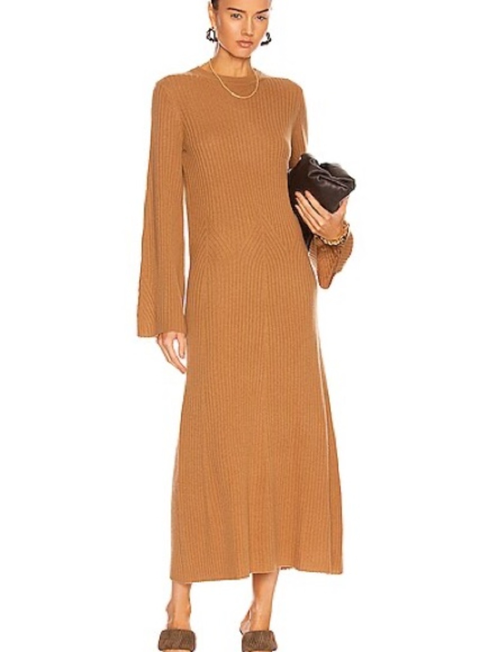LOULOU DE SAISON Studio Larga Dress Camel Ribbed Long Sleeve Maxi